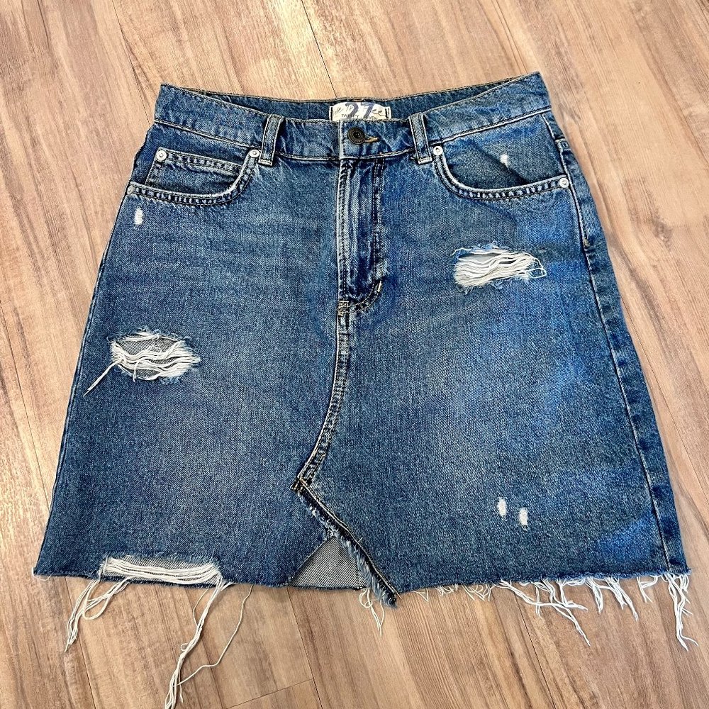 Free People Distressed Medium Wash Mini Denim Skirt